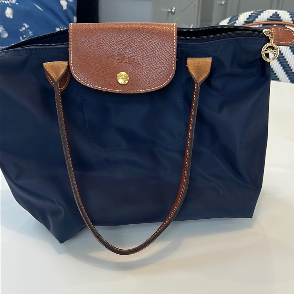 Longchamp Blue and Brown Tote Bag with Leather Trim
